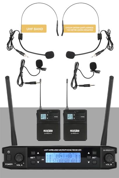 Lastvoice Lv-902YY UHF 2x100 Kanal Dijital Çiftli Yaka ve Headset Tipi Telsiz Kablosuz Mikrofon