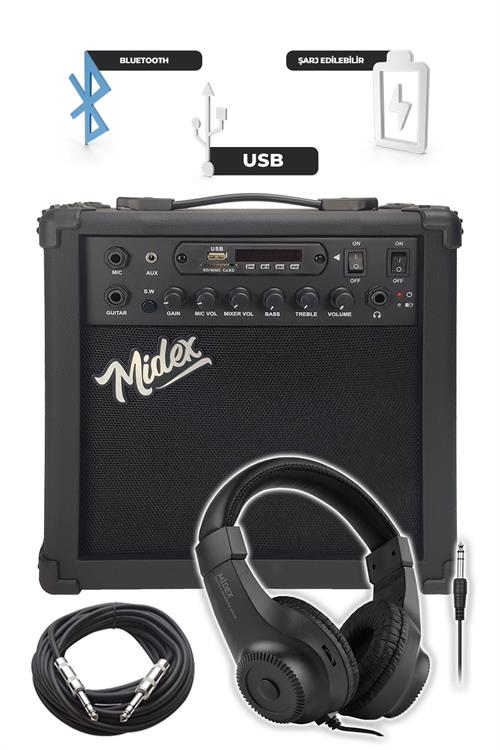 Midex GRX-200BK-25-AMP Profesyonel Elektro Gitar Seti 25 Watt Gainli Şarjlı Amfi ve Full Set (H-H)