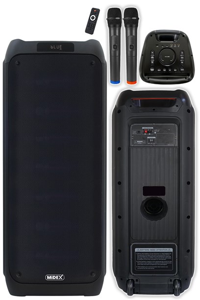 Midex MXR-1600 Taşınabilir Ses Sistemi Portatif Hoparlör 2x12 İNÇ Şarjlı USB BT (Çift Mikrofonlu)