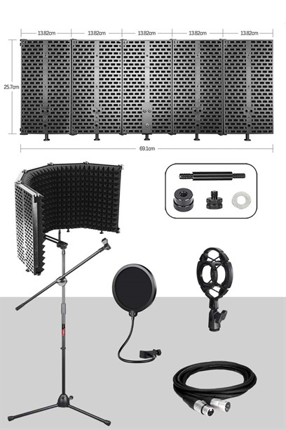 Midex PF-43X Set Mikrofon Ses Yalıtım Paneli Stand Filtre Shock Mount XLR Kablo Sünger