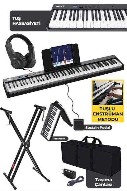 Midex PLX-100BK-ST Taşınabilir Dijital Piyano Tuş Hassasiyetli 88 Tuş Bluetooth Şarjlı (STAND Sustain Kulaklık Çanta Metod)