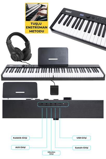 Midex PLX-100BK Taşınabilir Dijital Piyano Tuş Hassasiyetli 88 Tuş Bluetooth Şarjlı (Sustain Pedalı Kulaklık Çanta)