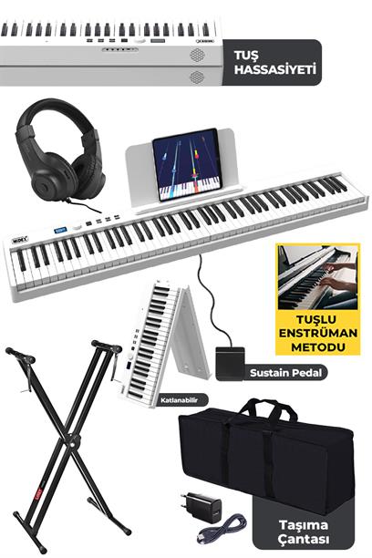 Midex PLX-100WH-ST Taşınabilir Dijital Piyano Tuş Hassasiyetli 88 Tuş Bluetooth Şarjlı (STAND Sustain Kulaklık Çanta Metod)