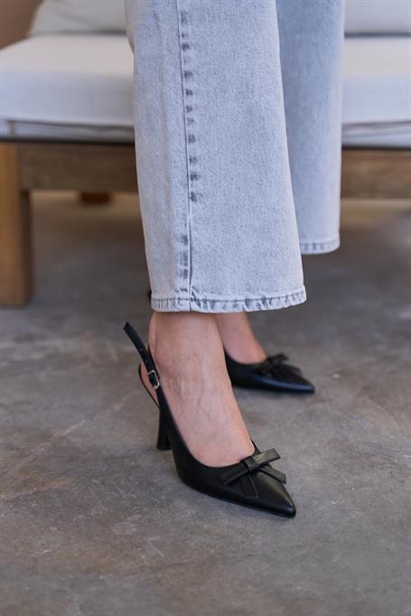 Bali Arkası Açık Bilekten Bağlamalı Fiyonklu Kadın Topuklu Ayakkabı