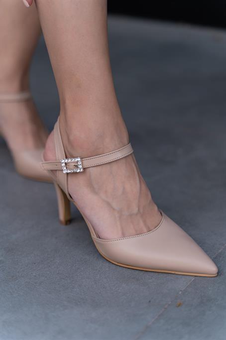 Melina Parlak Tokalı Kadın Topuklu Ayakkabı Bej