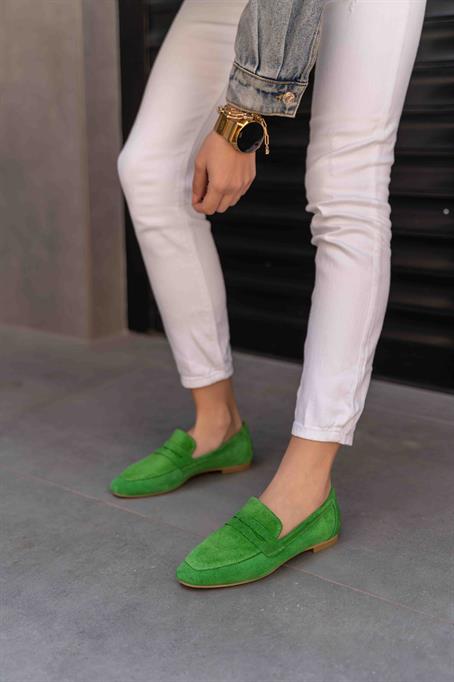 Monako Yeşil Renkli Gerçek Deri Kadın Babet