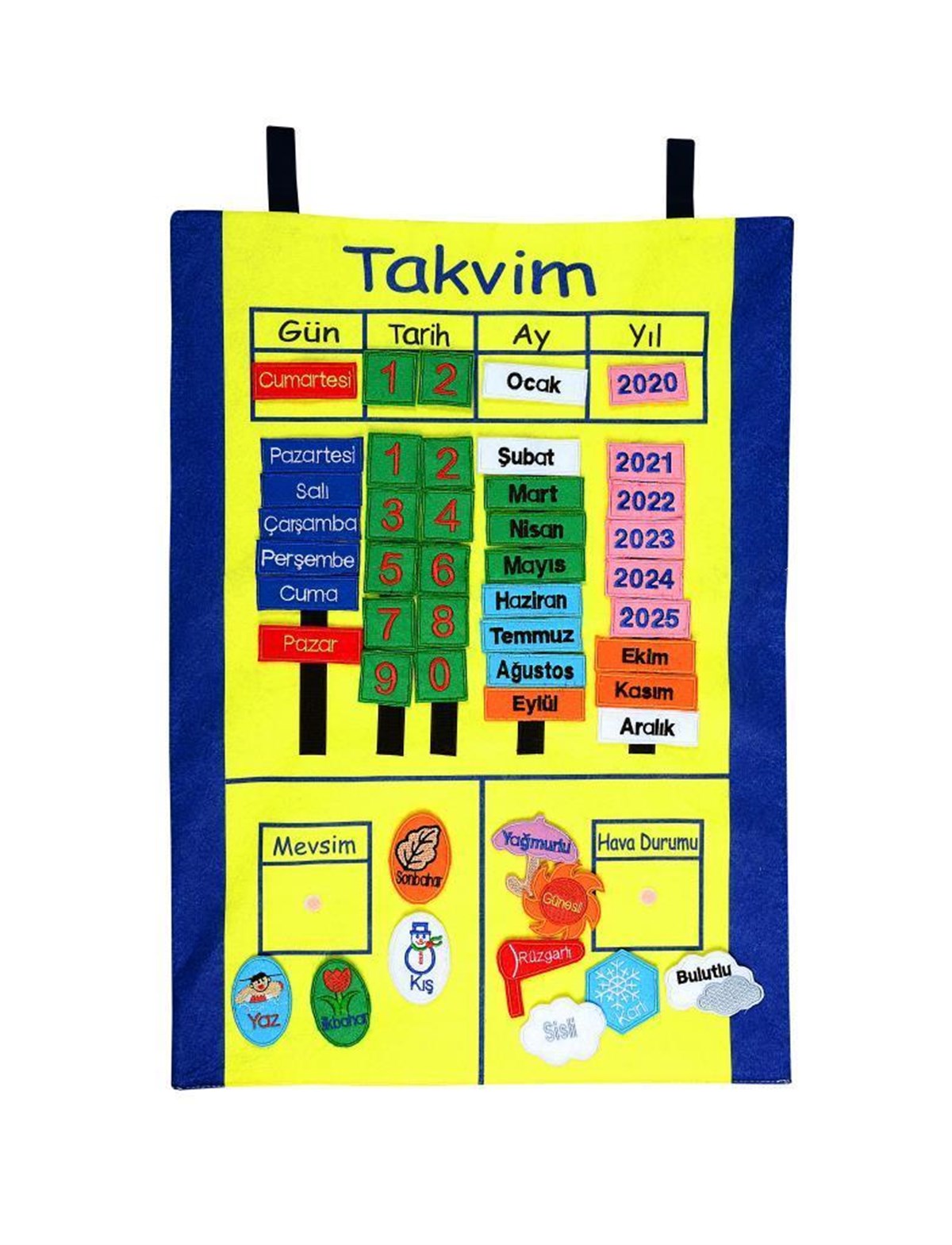 Kumaş Takvim Panosu | www.kreşmarket.comKumaş Kavram PanolarıKMKP65Takvim Panosu Kumaş Cırt Cırtlı 2017-2022 Arası