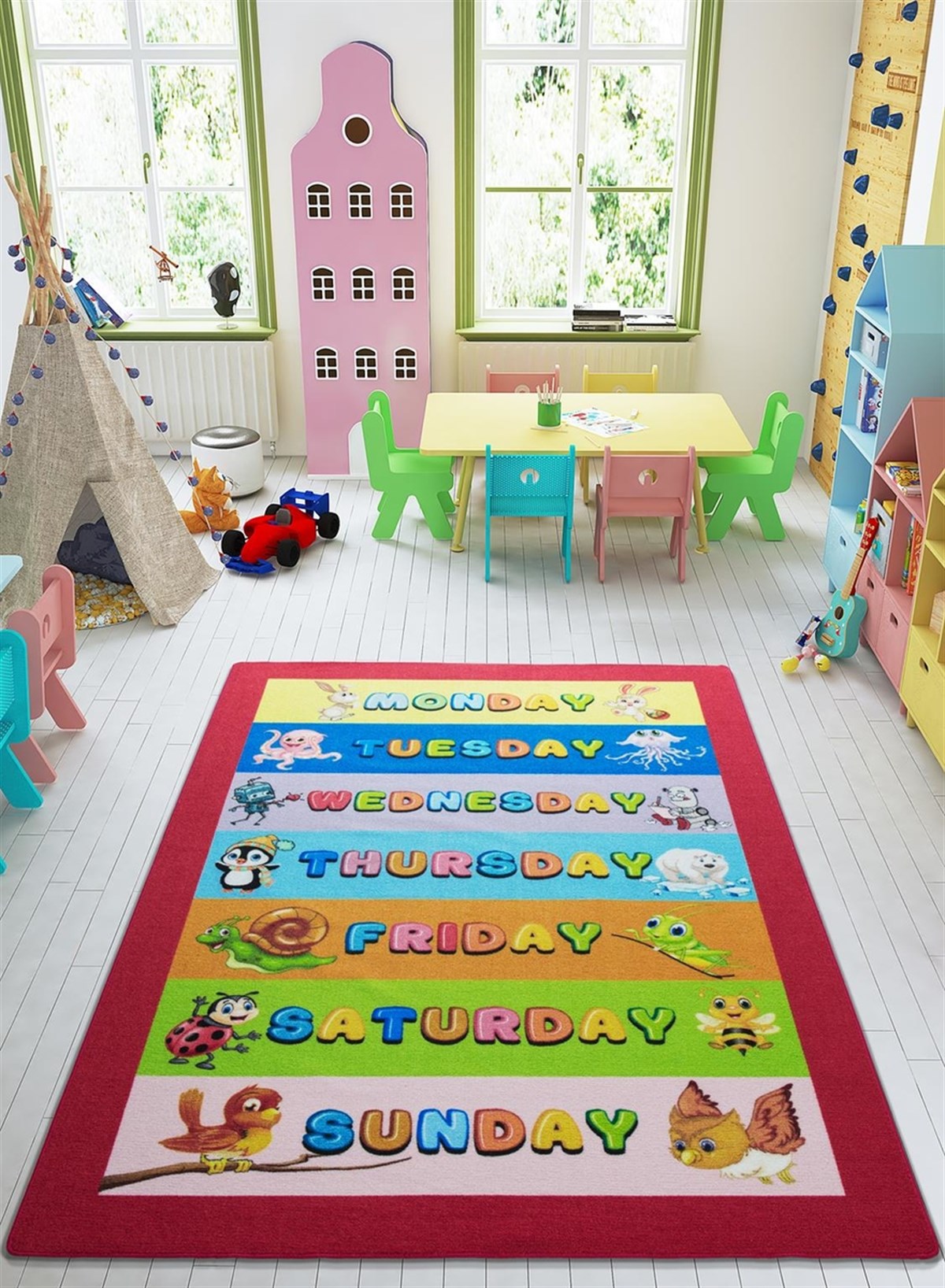 lesson ders halısı | www.kreşmarket.com133*190 Cm Ebat HalılarKMH689İngilizce Haftalar Halısı