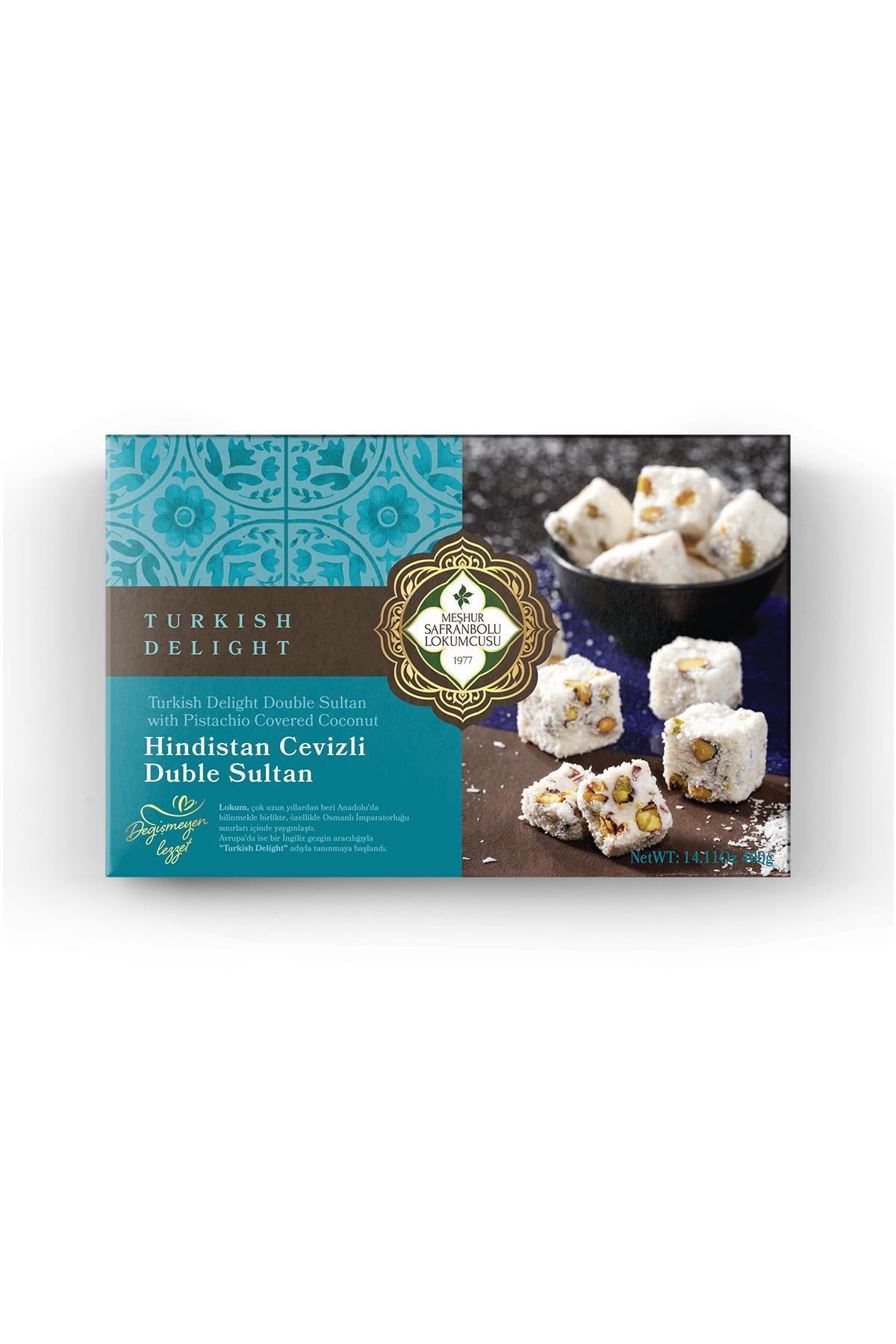 HEDİYELİK ÜRÜNLERHindistan Cevizli Duble Sultan Fıstıklı Lokum 400 Gr