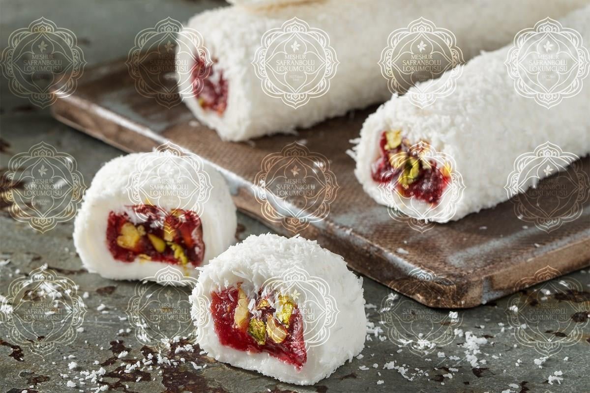 WRAP DELIGHTSRolled Sultan Turkish Delight With Pomegranate Flavor And Pistachio Covered With Coconut