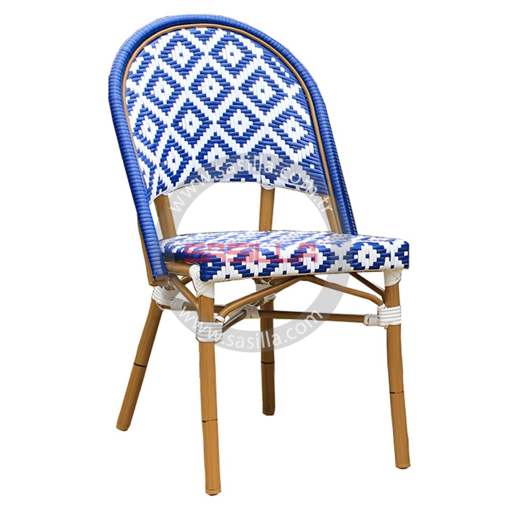 Alaçatı Mavi Beyaz Alüminyum Rattan Sandalye