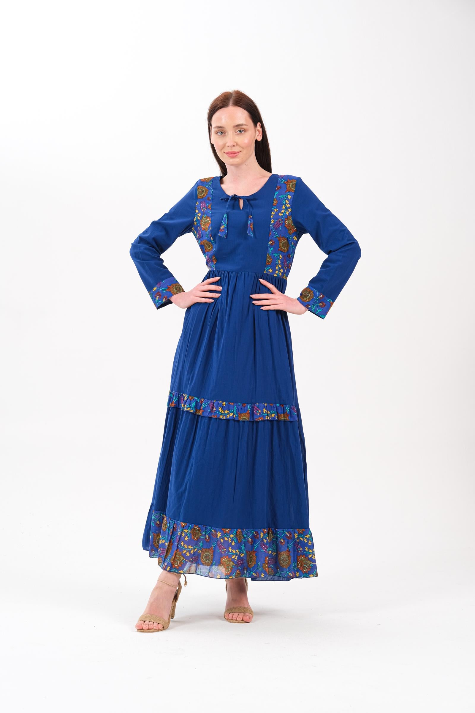 4562 Desenli Otantik Saks Elbise 