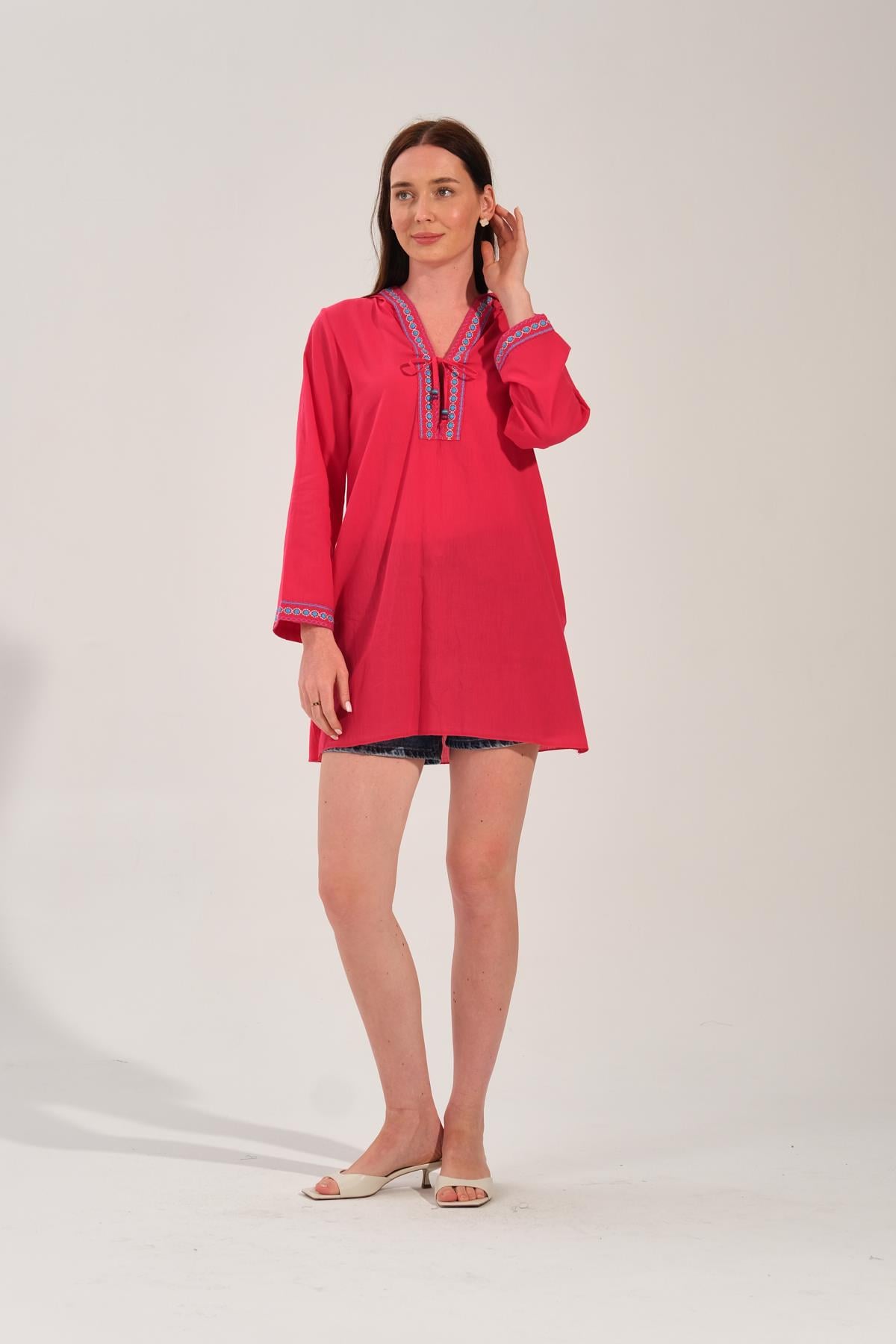 8019 Nakışlı Fuşya Pareo&Bluz
