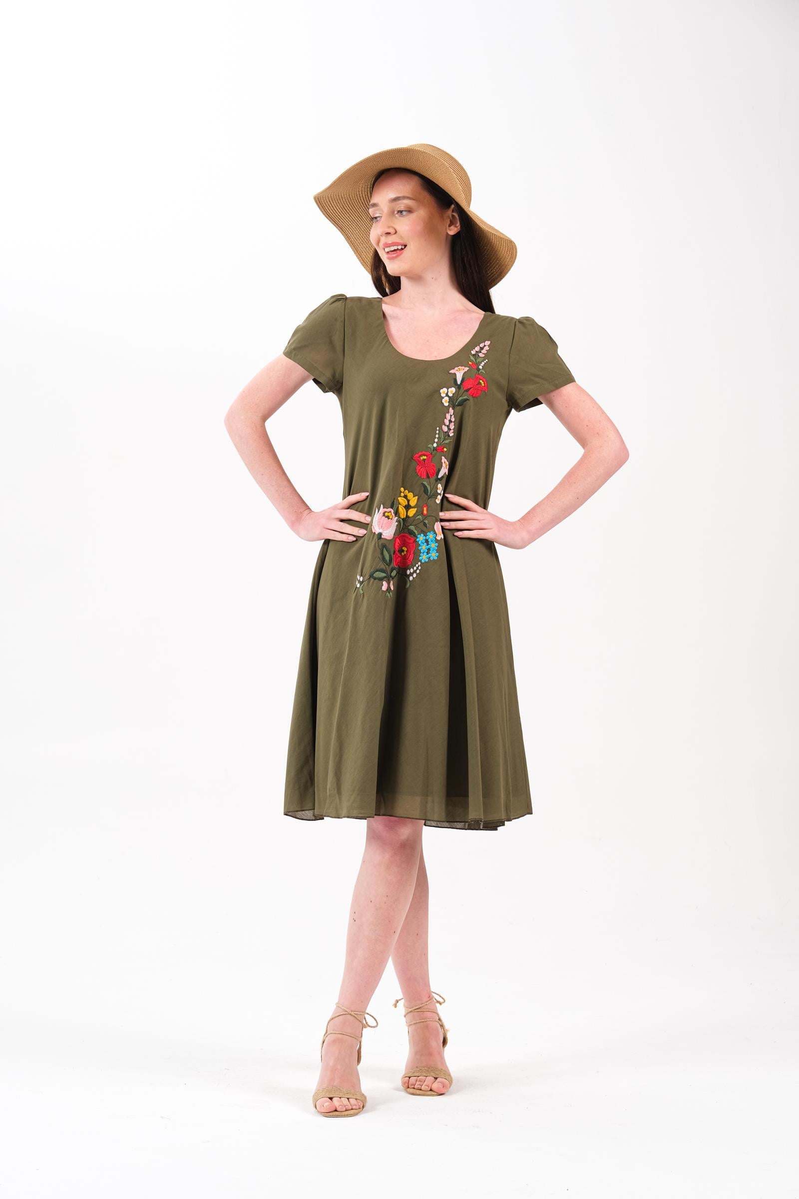 8030 Haki Nakışlı Elbise