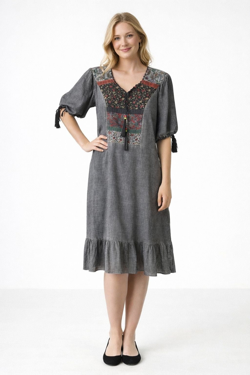 9028 Püsküllü Antrasit Elbise