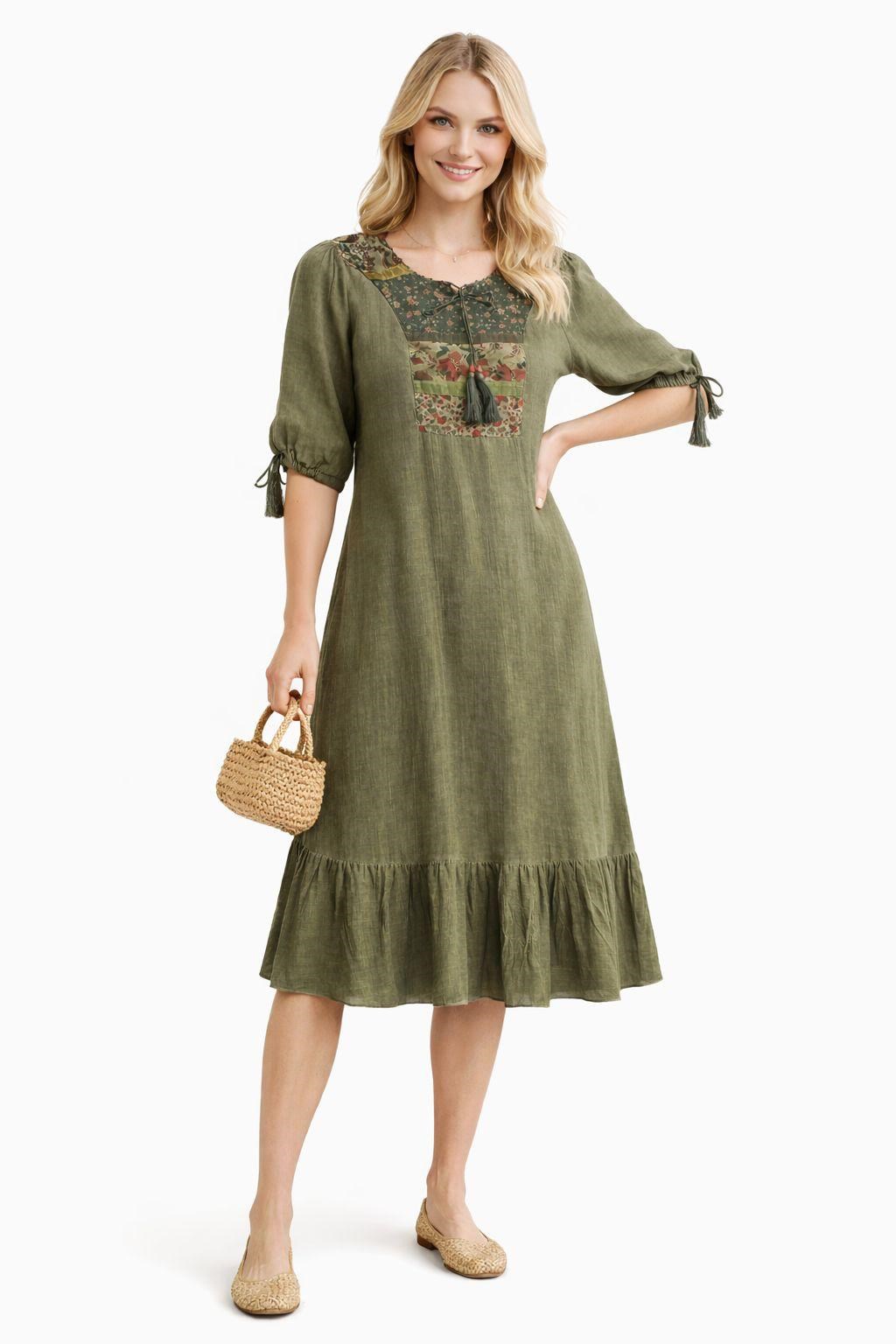 9028 Püsküllü Haki Elbise