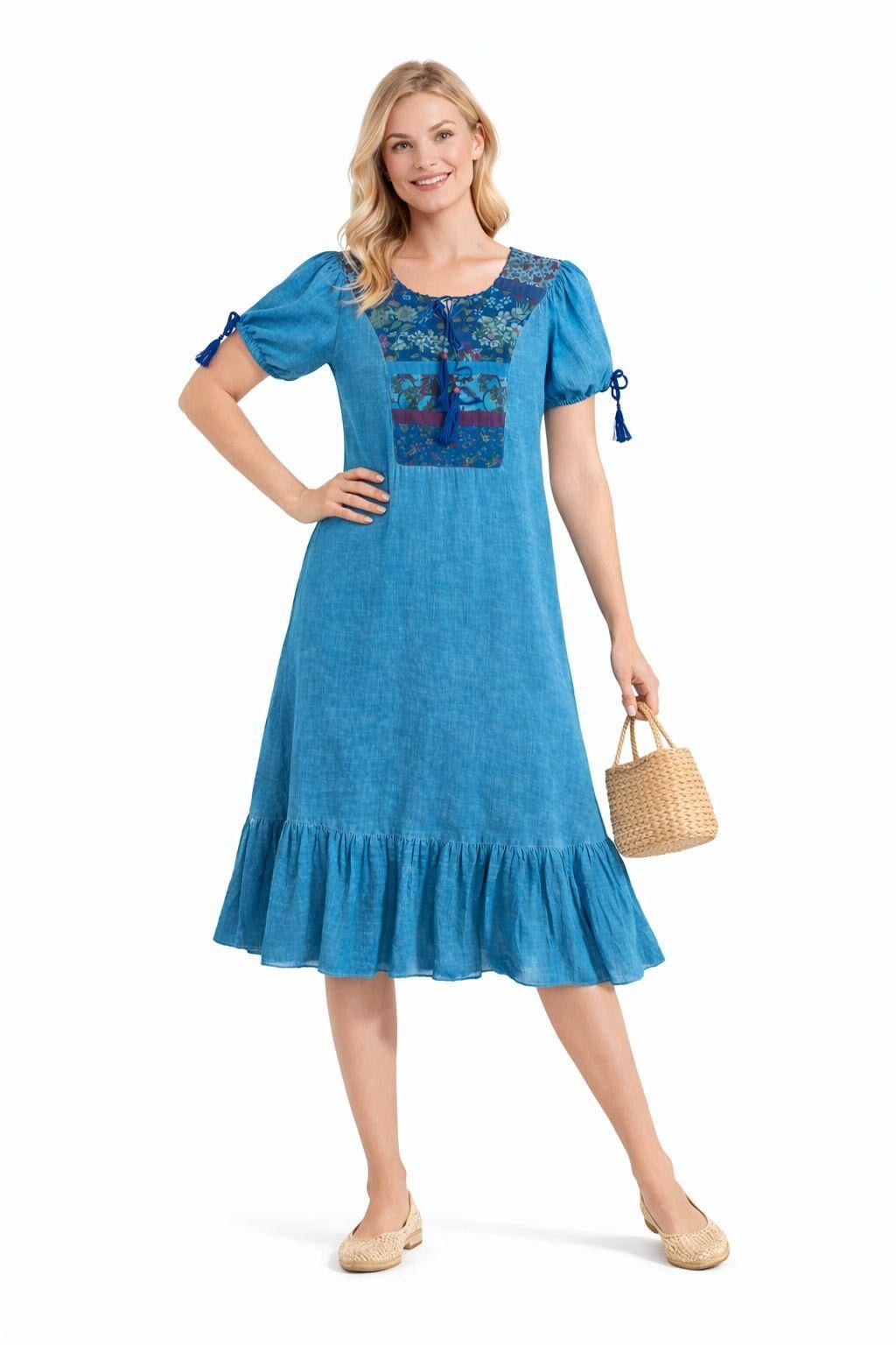 9028 Püsküllü Turkuaz Elbise