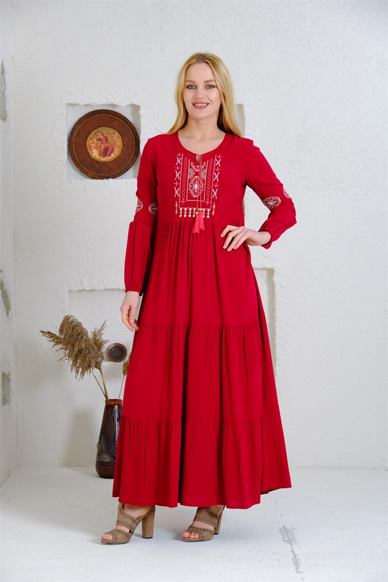 9041 Bordo Uzun Otantik Elbise