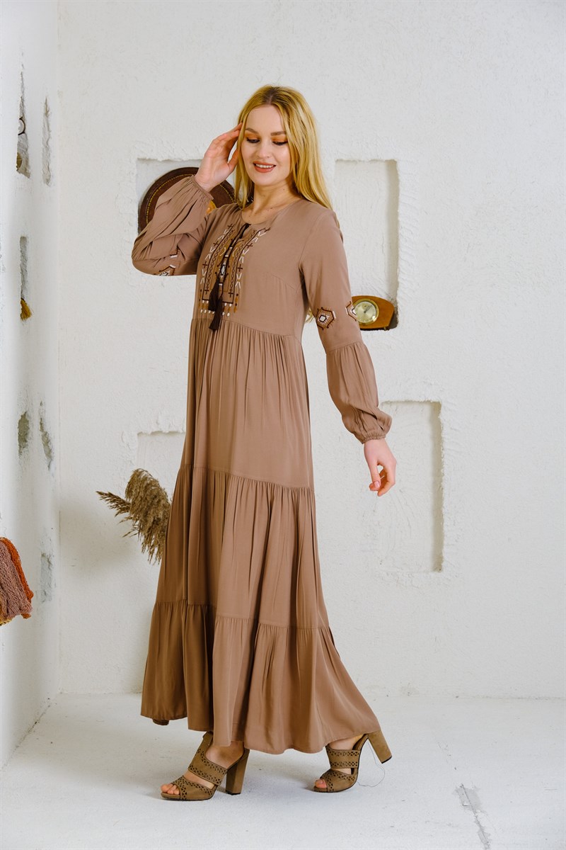 9041 Camel Uzun Otantik Elbise