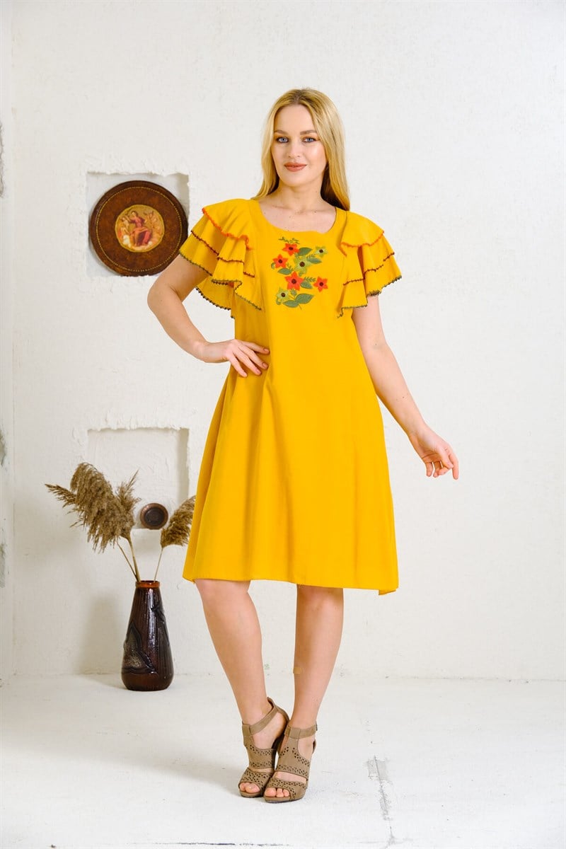 9059 Hardal Nakışlı Elbise