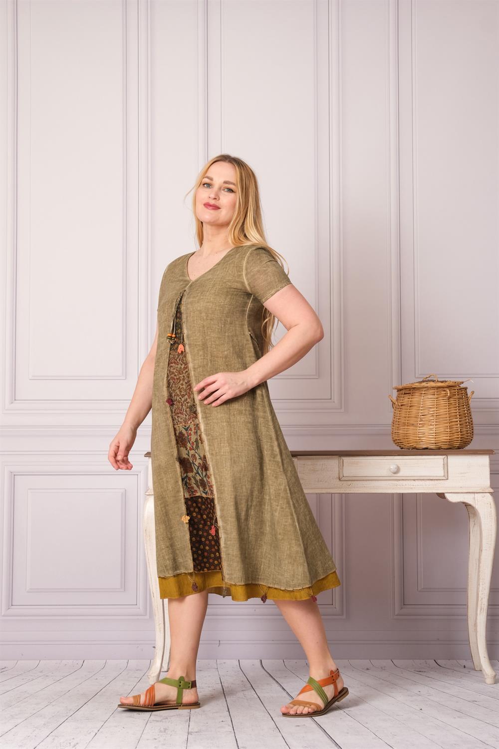 9205 Haki Yıkamalı Elbise