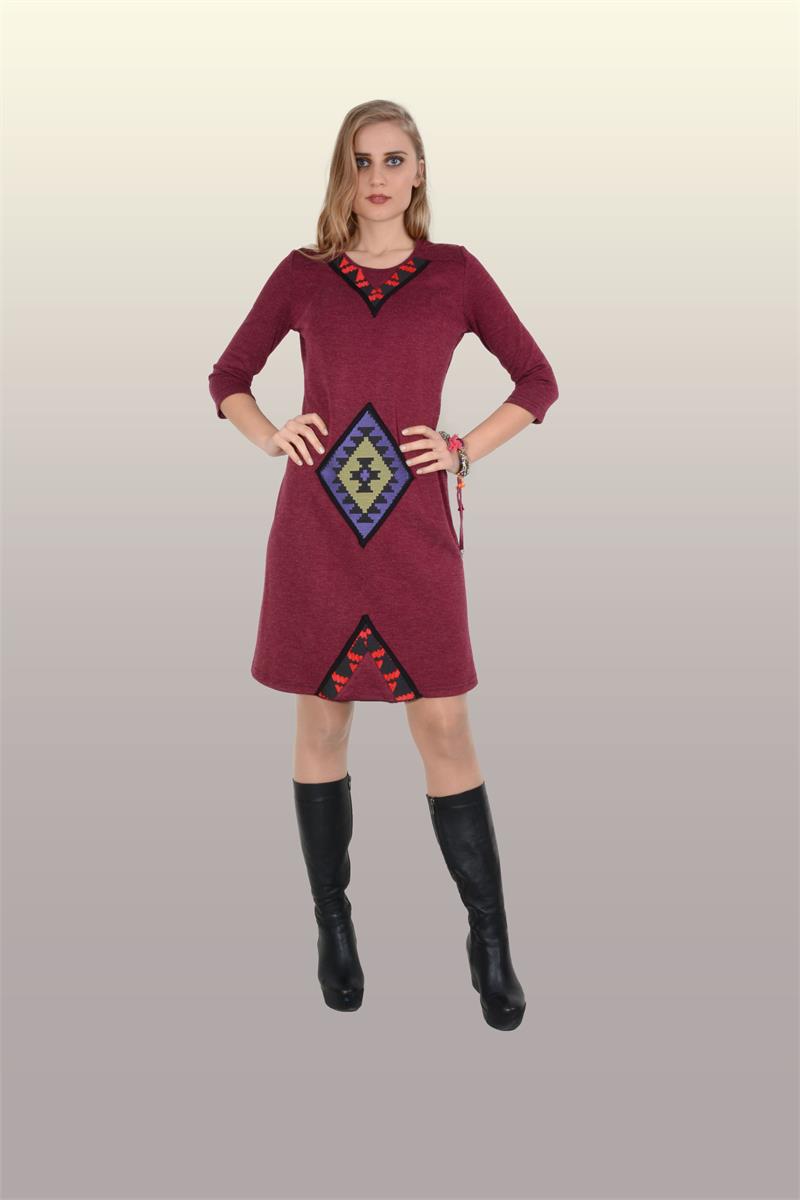 Otantik Giyim-719-Baklava Desenli Elbise- Bordo