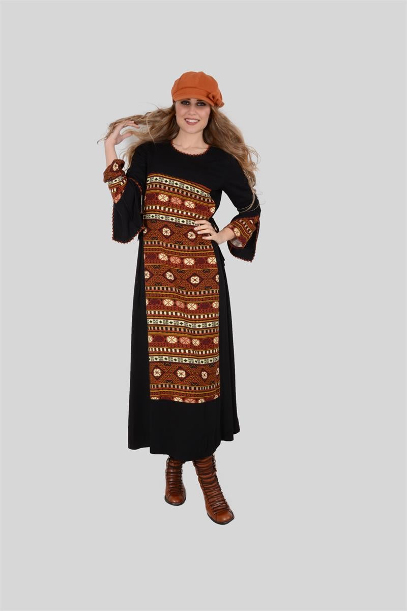 Otantik Giyim-700-Belmando Hipi Desen Elbise-Siyah