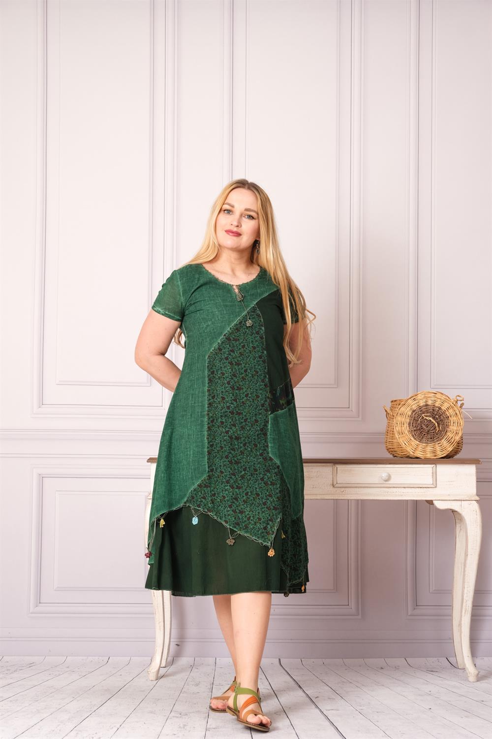 1006 K.yeşil Yıkamalı Elbise