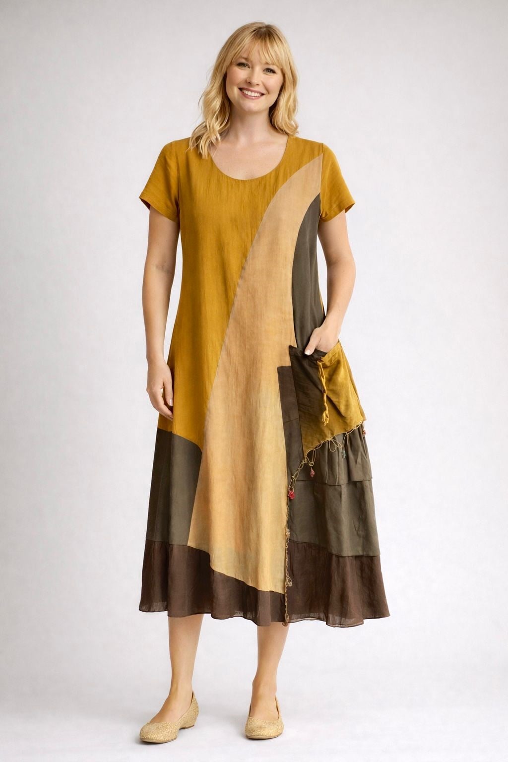 1040 Yıkamalı Hardal Elbise