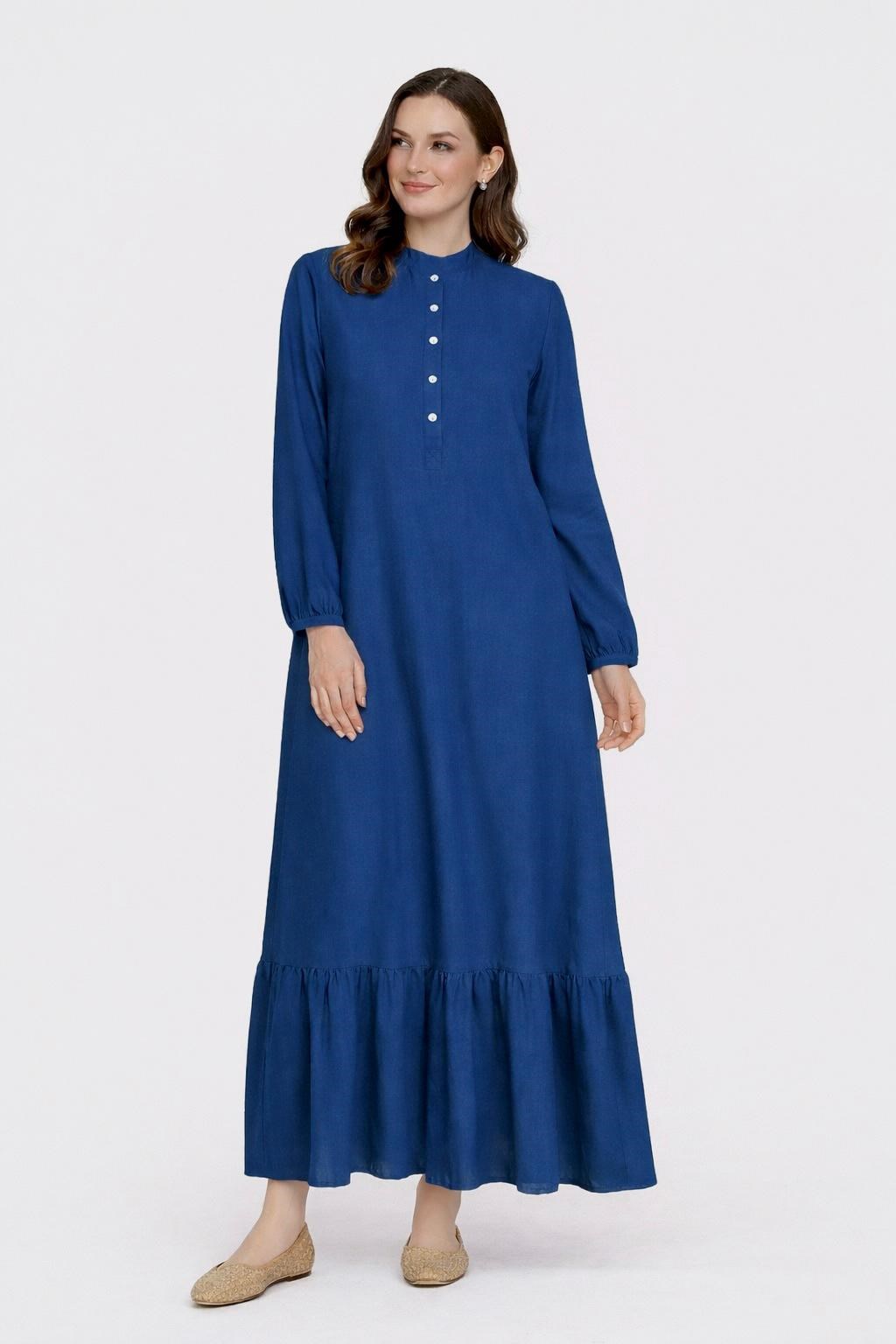 1088 Tesettür Saks Mavisi Elbise