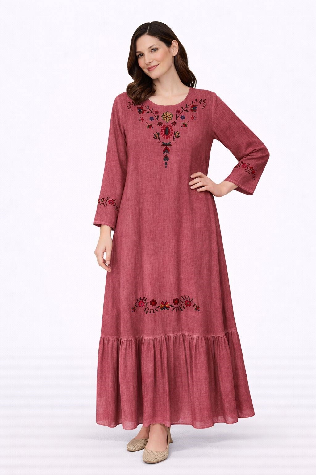 1100 Nakışlı Gül Kurusu Elbise