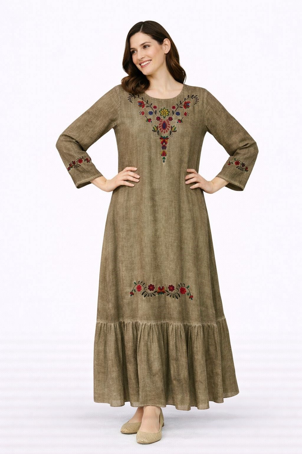 1100 Nakışlı Haki Elbise