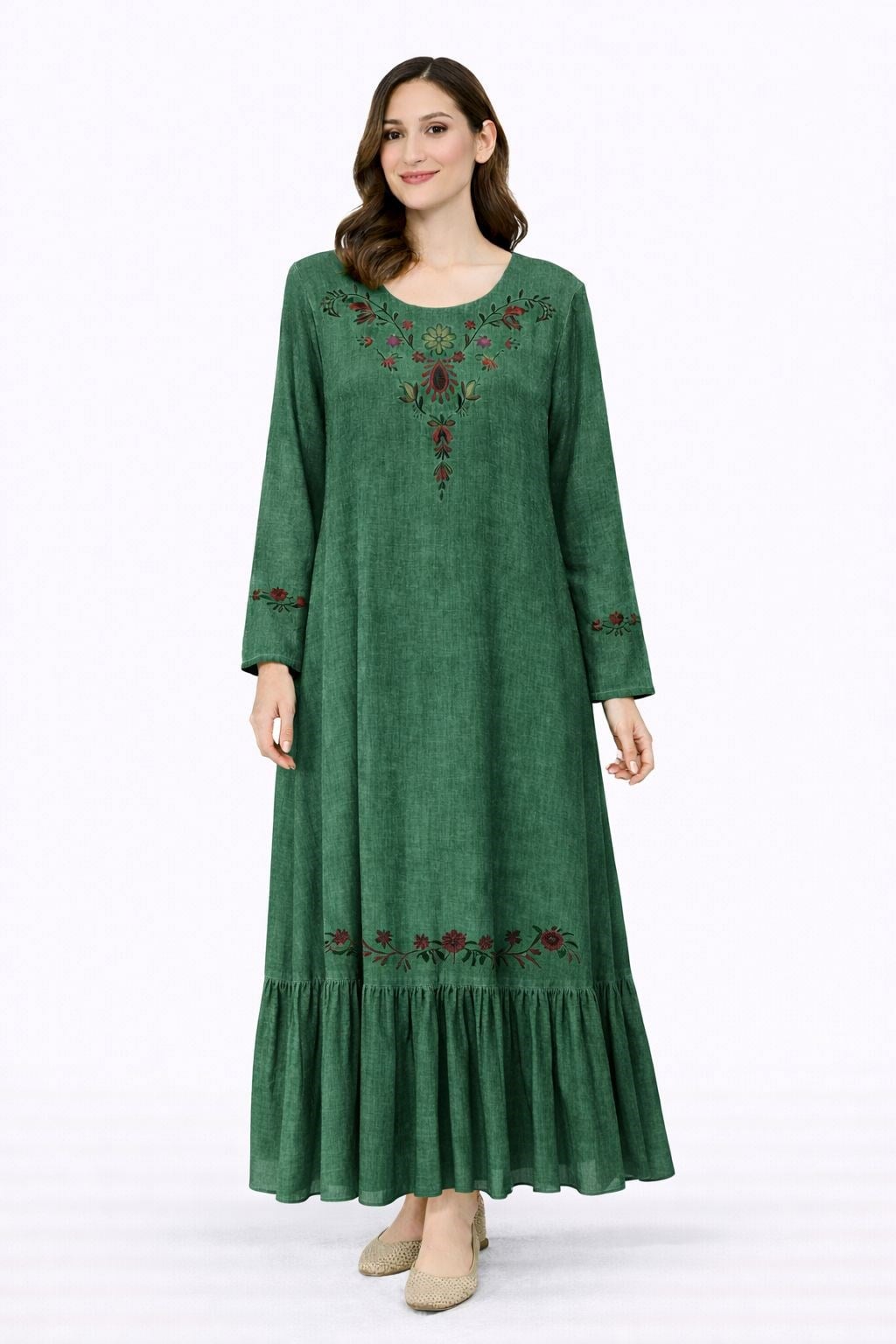 1100 Nakışlı Koyu Yeşil Elbise