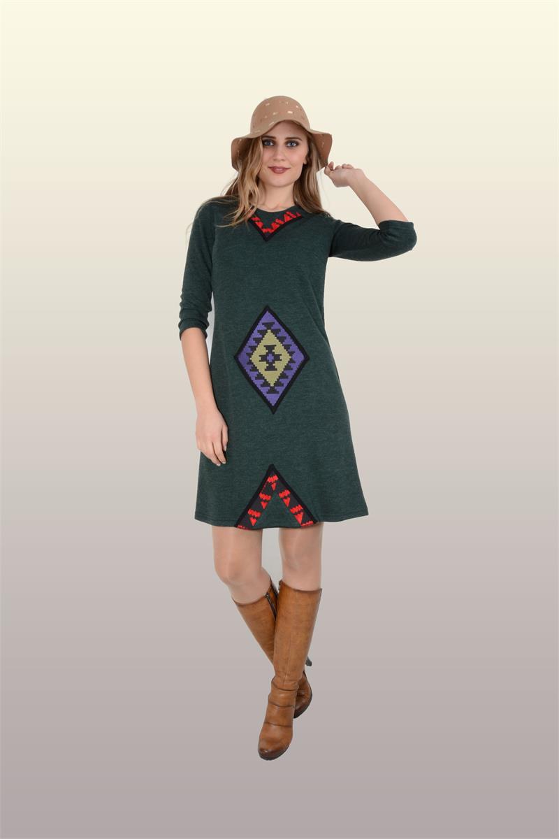 Otantik Giyim-719-Baklava Desen Etnik Elbise-Yeşil