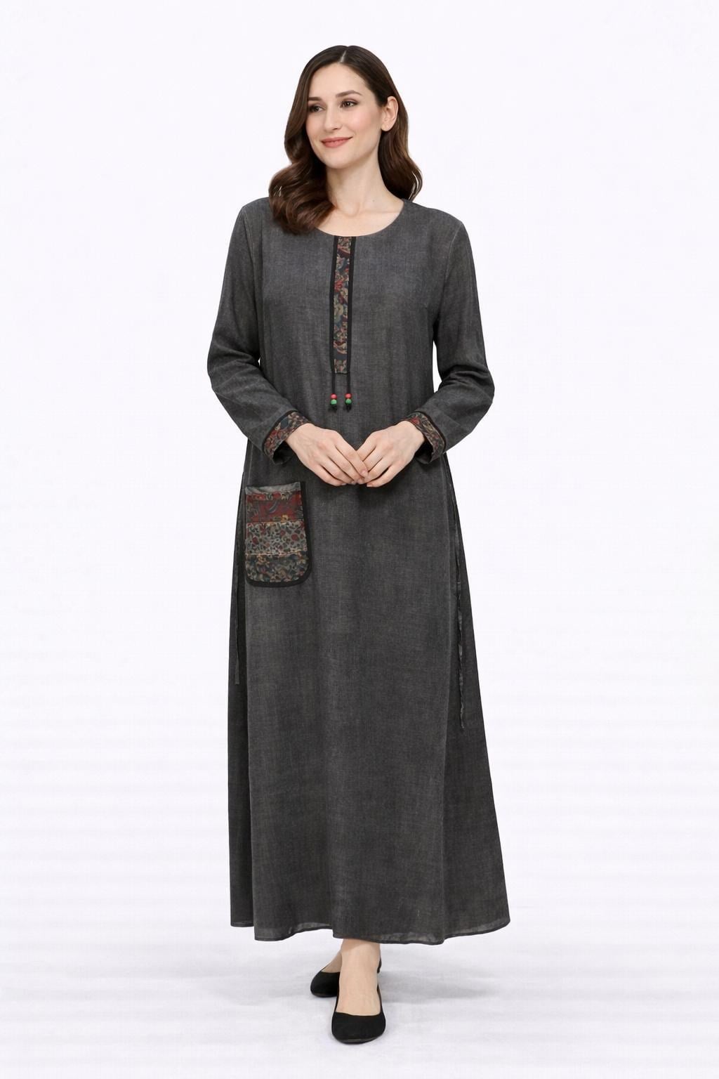 1501 Nakışlı Antrasit Elbise