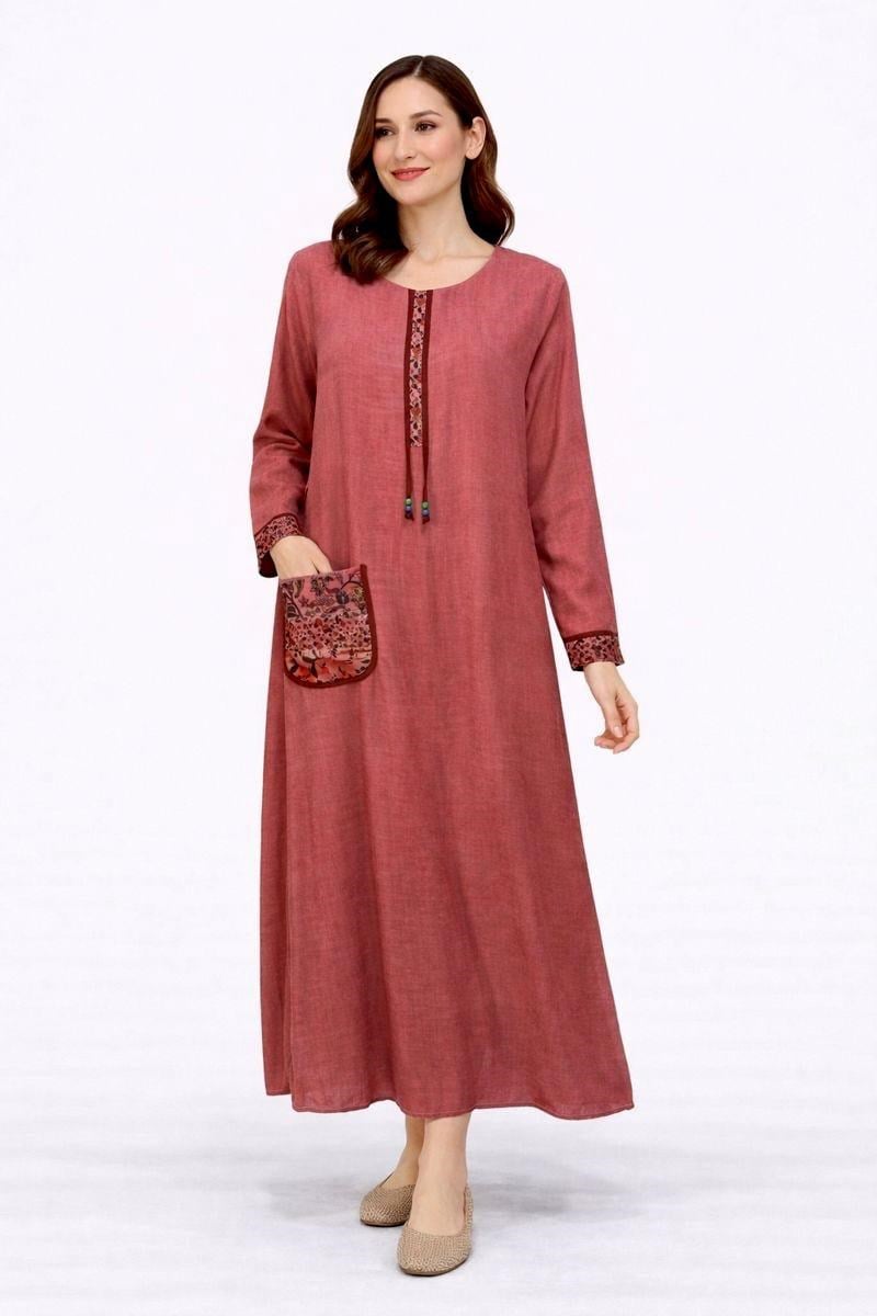 1501 Nakışlı Gül Kurusu Elbise