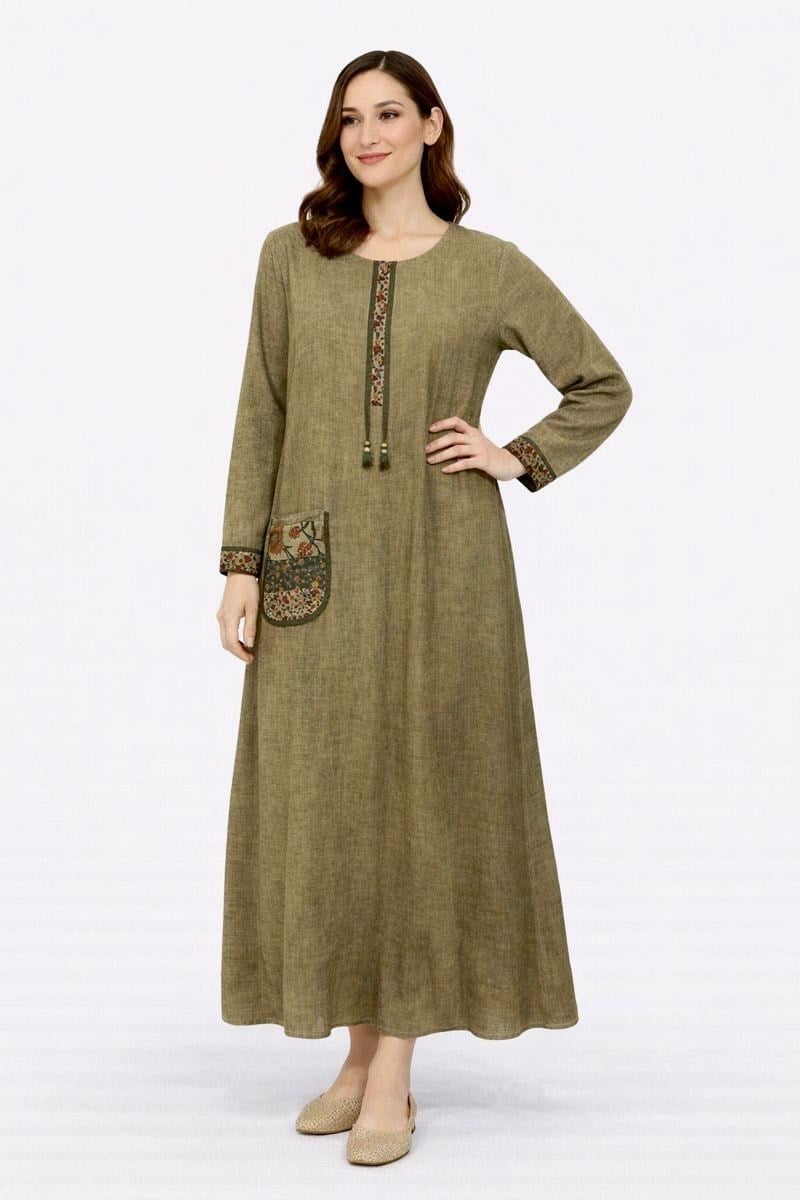 1501 Nakışlı Haki Elbise