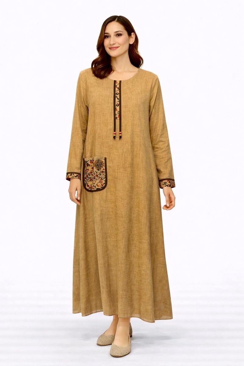 1501 Yıkamalı Camel Elbise