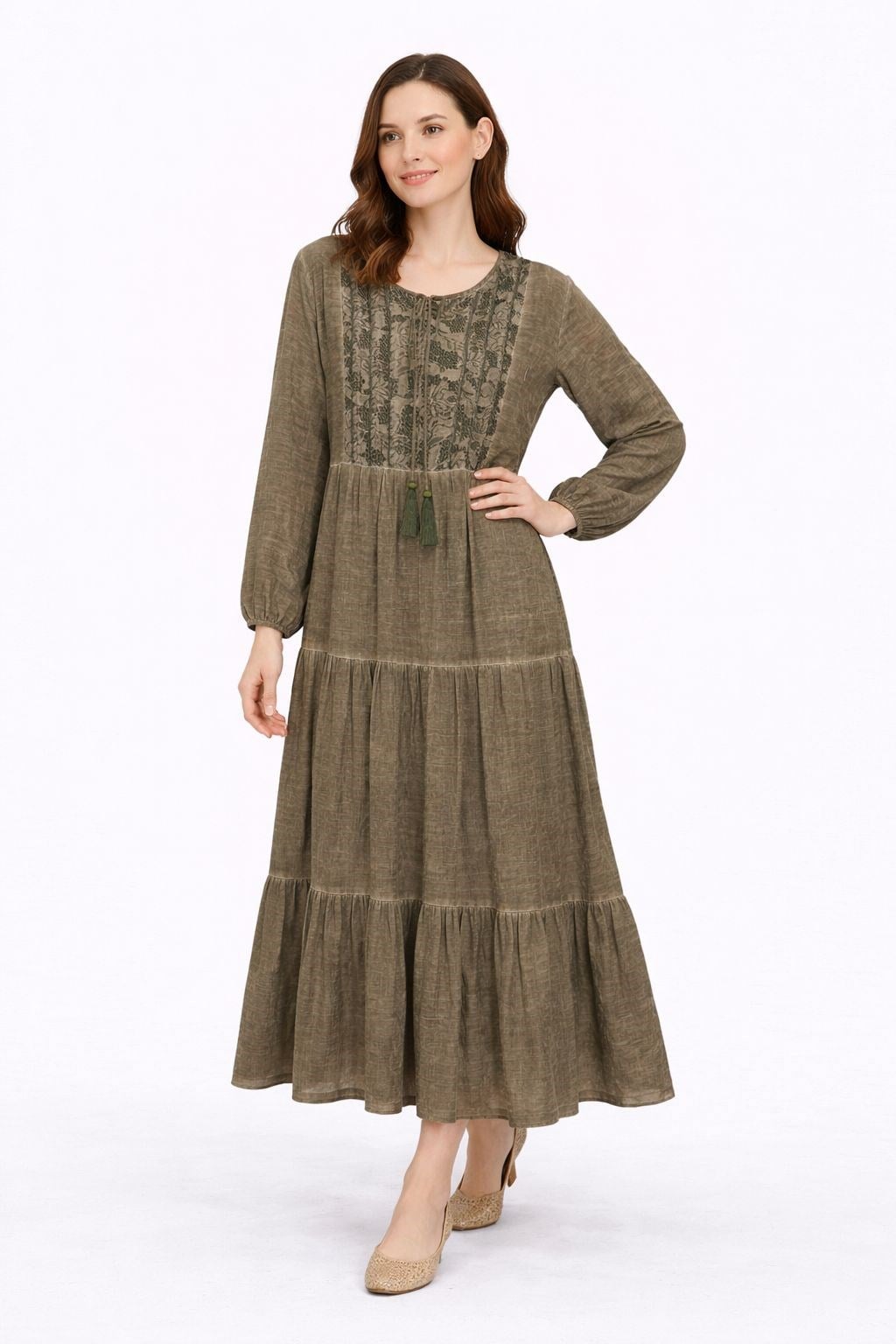 1502 Yıkamalı Haki Elbise