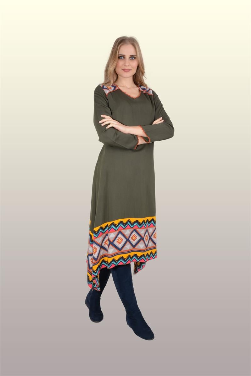 Otantik Giyim-701-Belmando Asimetrik Elbise-Haki