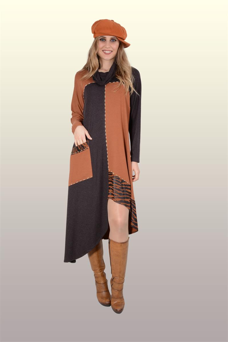 Otantik Giyim-710-Yarasa Degaje Elbise-Kahve-Tarçın