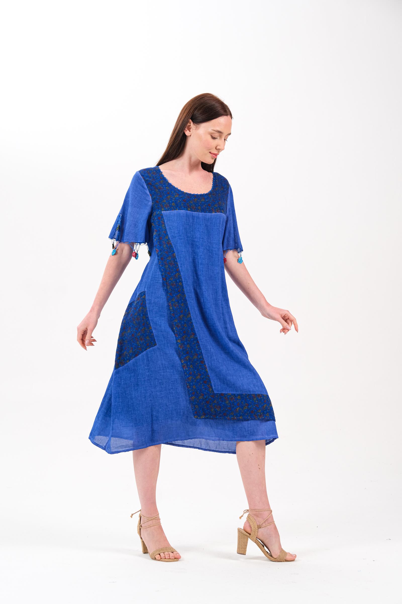 3072 Saks Desenli Kruvaze Battal Elbise