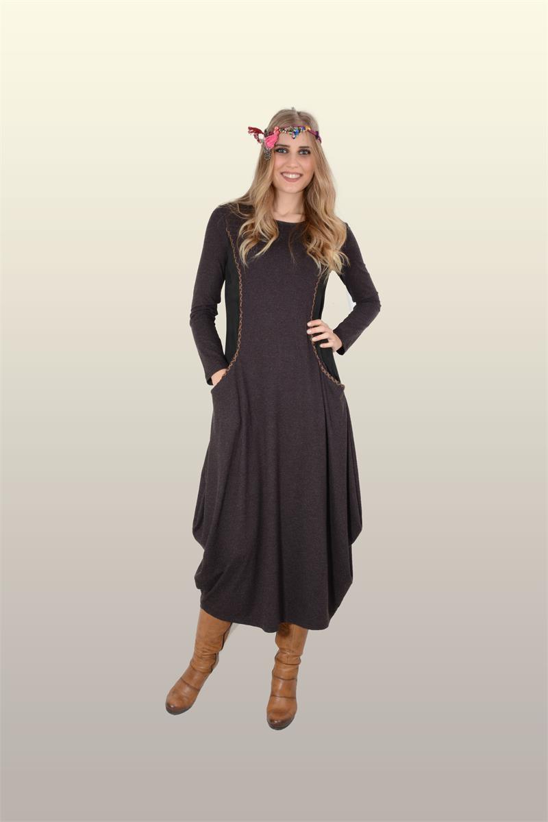 Otantik Giyim -714-Yün Viskon Elbise-Kahve