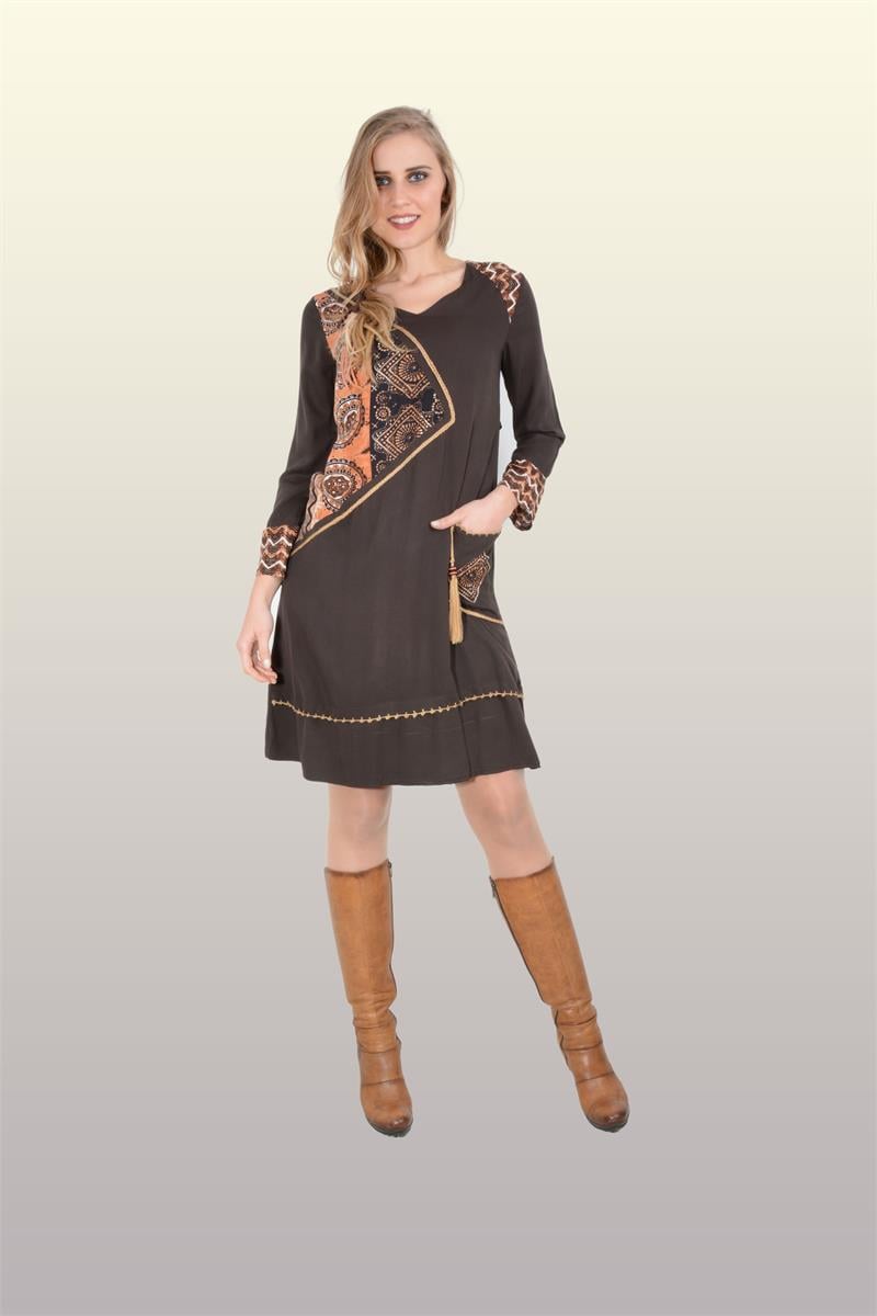Otantik Giyim-704-Etnik Oyalı Elbise-kahve