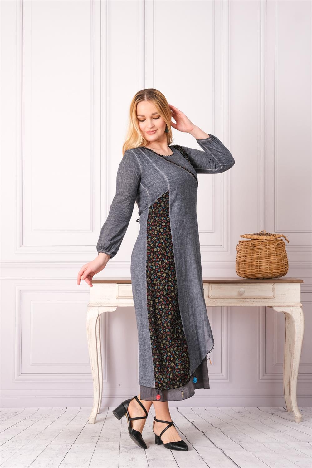 3735 Antrasit Uzun Elbise