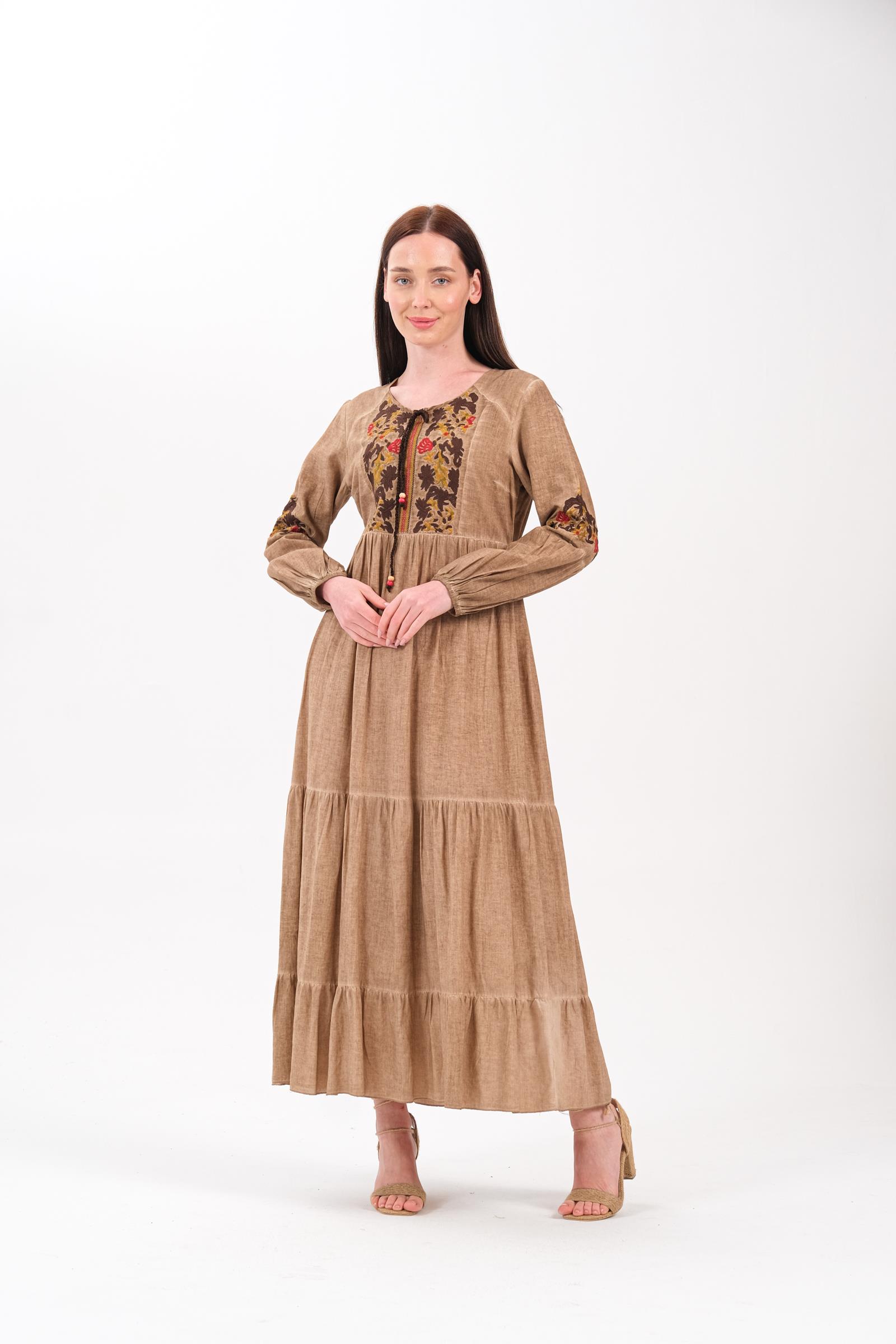 3763 Camel Otantik Uzun Elbise