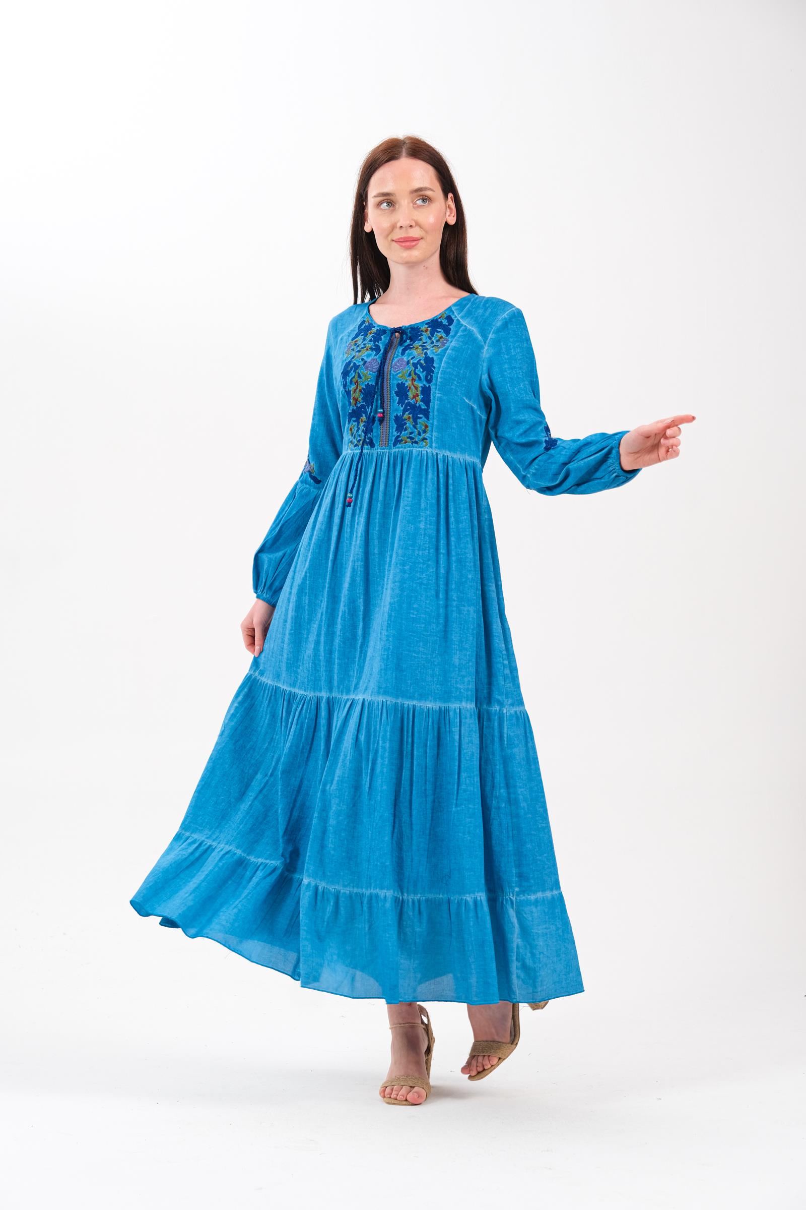 3763 Turkuaz Otantik Uzun Elbise