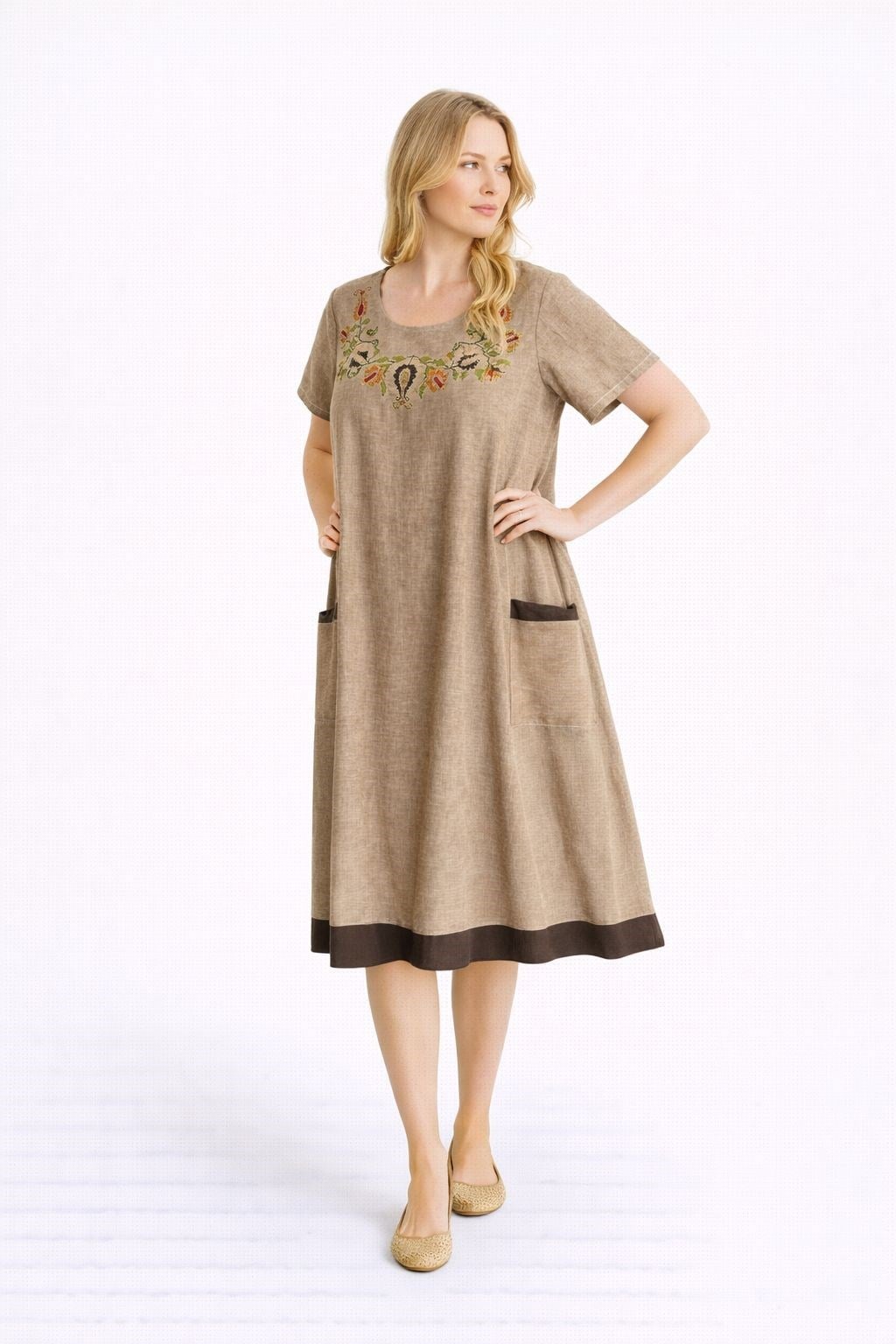 3812 Nakışlı Camel Battal Elbise