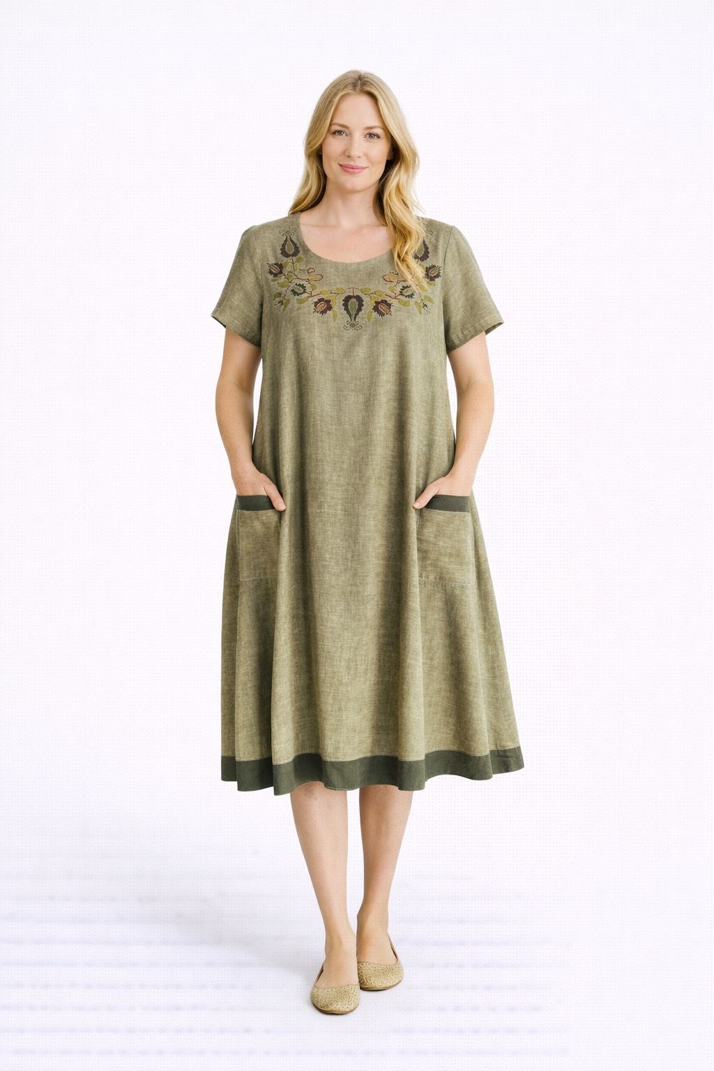 3812 Nakışlı Haki Battal Elbise