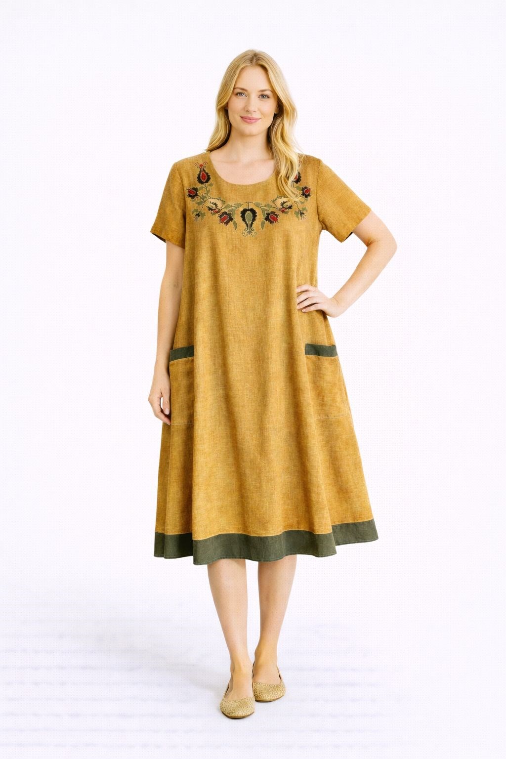 3812 Nakışlı Hardal Battal Elbise